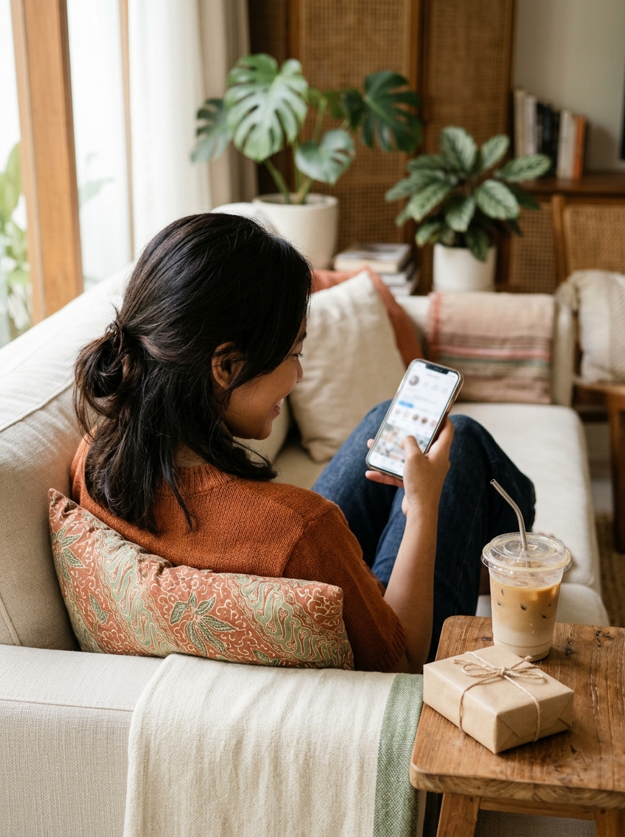 Perempuan membaca ponsel di sofa sambil tersenyum