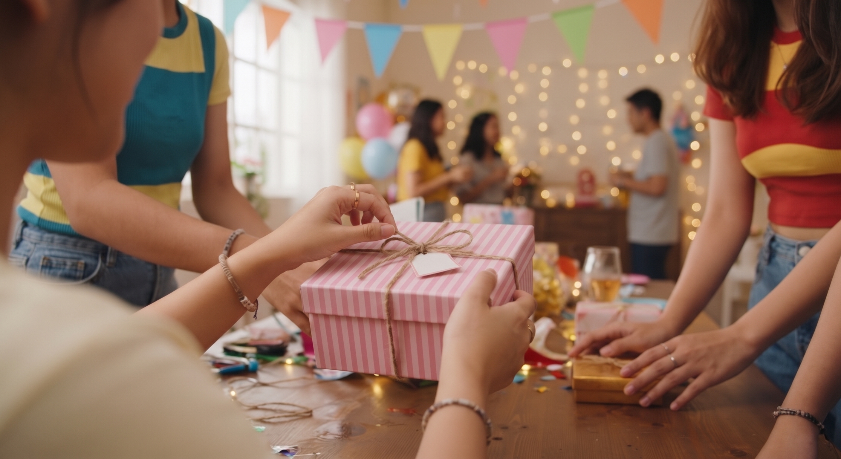 Kado terbungkus kertas cokelat dan tali rafia di atas nampan rotan, kue ulang tahun kecil di belakang